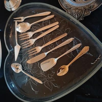 Kitchen metalware including mid-century modern chrome and pressed glass lazy Susan appetizer serving tray - metal trays - utensils and more