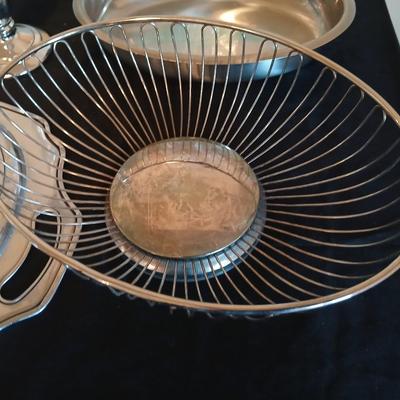 Kitchen metalware including mid-century modern chrome and pressed glass lazy Susan appetizer serving tray - metal trays - utensils and more