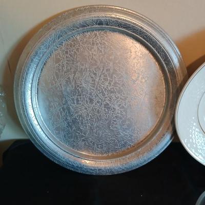 Kitchen metalware including mid-century modern chrome and pressed glass lazy Susan appetizer serving tray - metal trays - utensils and more