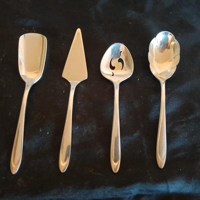 Kitchen metalware including mid-century modern chrome and pressed glass lazy Susan appetizer serving tray - metal trays - utensils and more