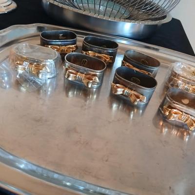 Kitchen metalware including mid-century modern chrome and pressed glass lazy Susan appetizer serving tray - metal trays - utensils and more