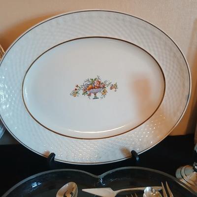 Kitchen metalware including mid-century modern chrome and pressed glass lazy Susan appetizer serving tray - metal trays - utensils and more