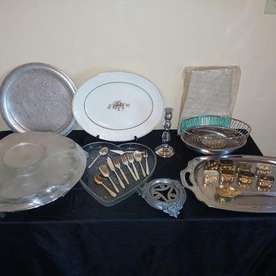 Kitchen metalware including mid-century modern chrome and pressed glass lazy Susan appetizer serving tray - metal trays - utensils and more