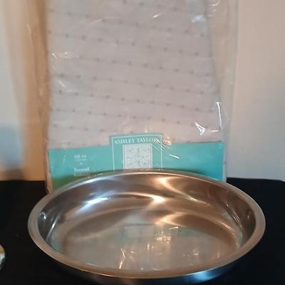 Kitchen metalware including mid-century modern chrome and pressed glass lazy Susan appetizer serving tray - metal trays - utensils and more