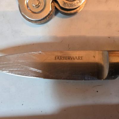 Kitchen knives - including new set of Pioneer branded Chuppa knives - sharpening stone and tools and a cutting board