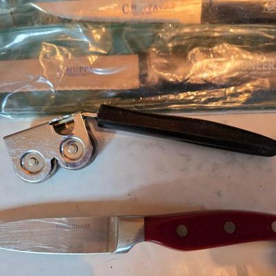 Kitchen knives - including new set of Pioneer branded Chuppa knives - sharpening stone and tools and a cutting board