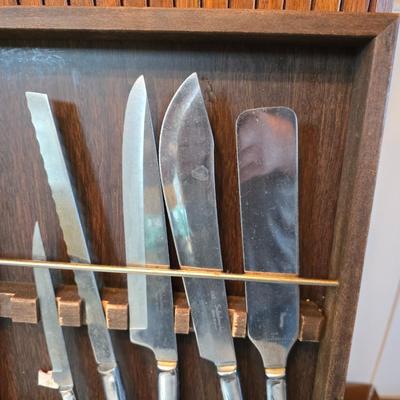 Kitchen knives - including new set of Pioneer branded Chuppa knives - sharpening stone and tools and a cutting board