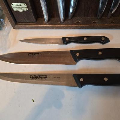 Kitchen knives - including new set of Pioneer branded Chuppa knives - sharpening stone and tools and a cutting board