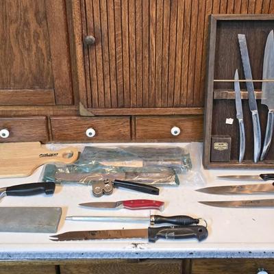 Kitchen knives - including new set of Pioneer branded Chuppa knives - sharpening stone and tools and a cutting board