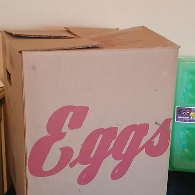 Eggs! Brower Chicken-Turkey Egg Scale / "Jiffy-Way" scale Plastic 18 count egg cartons - -metal egg basket and egg box with...