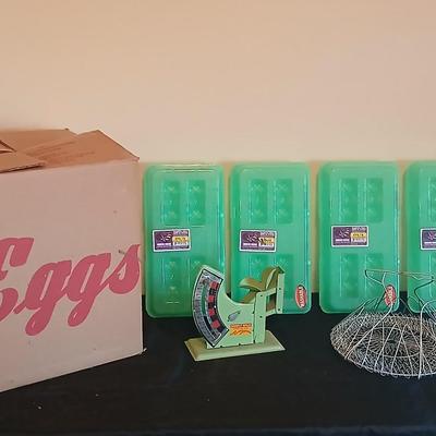Eggs! Brower Chicken-Turkey Egg Scale / "Jiffy-Way" scale Plastic 18 count egg cartons - -metal egg basket and egg box with...