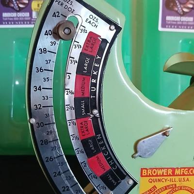 Eggs! Brower Chicken-Turkey Egg Scale / "Jiffy-Way" scale Plastic 18 count egg cartons - -metal egg basket and egg box with...