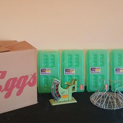 Eggs! Brower Chicken-Turkey Egg Scale / "Jiffy-Way" scale Plastic 18 count egg cartons - -metal egg basket and egg box with...