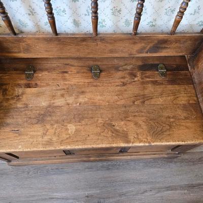 Wood storage bench / entryway bench / storage chest, which features a seat and a hinged lid revealing internal storage space.