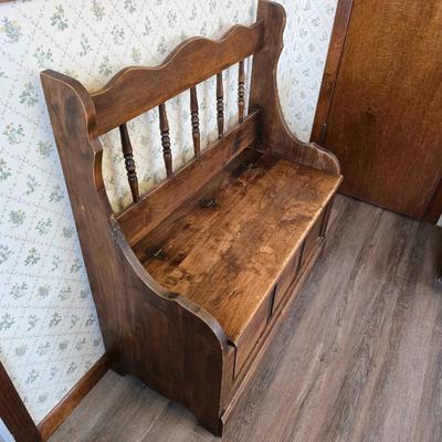 Wood storage bench / entryway bench / storage chest, which features a seat and a hinged lid revealing internal storage space.