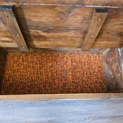 Wood storage bench / entryway bench / storage chest, which features a seat and a hinged lid revealing internal storage space.