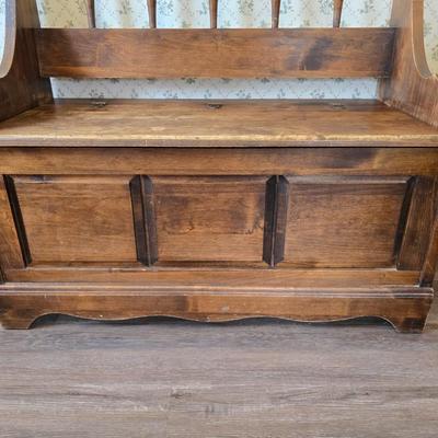 Wood storage bench / entryway bench / storage chest, which features a seat and a hinged lid revealing internal storage space.