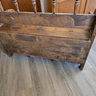 Wood storage bench / entryway bench / storage chest, which features a seat and a hinged lid revealing internal storage space.