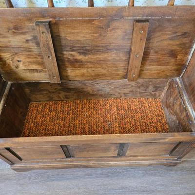 Wood storage bench / entryway bench / storage chest, which features a seat and a hinged lid revealing internal storage space.