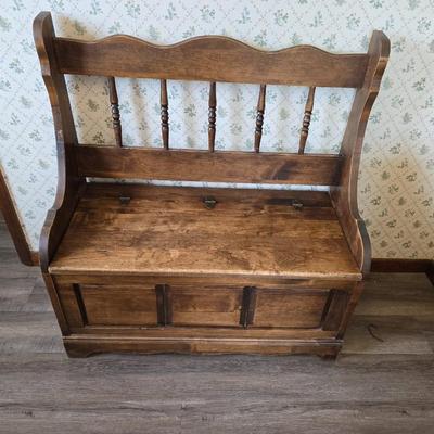Wood storage bench / entryway bench / storage chest, which features a seat and a hinged lid revealing internal storage space.