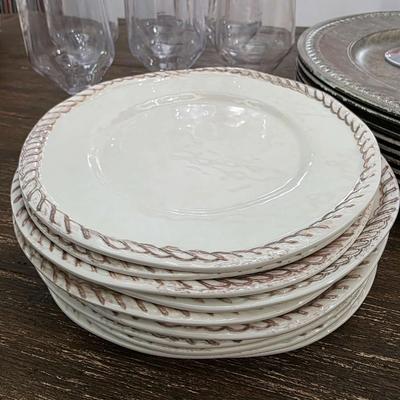 Sale Photo Thumbnail #118: This is a lot including cream colored melamine plates, acrylic silver vintage look chargers, and clear acrylic goblets. This is a lot meaning you must pay for and take the entire lot.