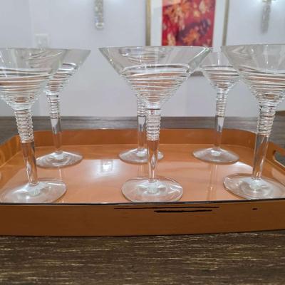 Sale Photo Thumbnail #120: This is a lot including 6 glass martini glasses and 2 trays by Georges Briard Designs. One tray does have some scuffs. Please see pictures for close inspection. The art you may see in the background is NOT included. You are bidding on the lot meaning you 