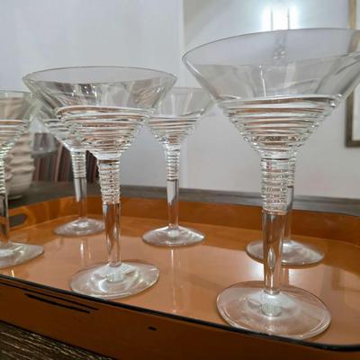 Sale Photo Thumbnail #121: This is a lot including 6 glass martini glasses and 2 trays by Georges Briard Designs. One tray does have some scuffs. Please see pictures for close inspection. The art you may see in the background is NOT included. You are bidding on the lot meaning you 