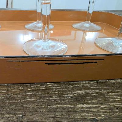 Sale Photo Thumbnail #124: This is a lot including 6 glass martini glasses and 2 trays by Georges Briard Designs. One tray does have some scuffs. Please see pictures for close inspection. The art you may see in the background is NOT included. You are bidding on the lot meaning you 
