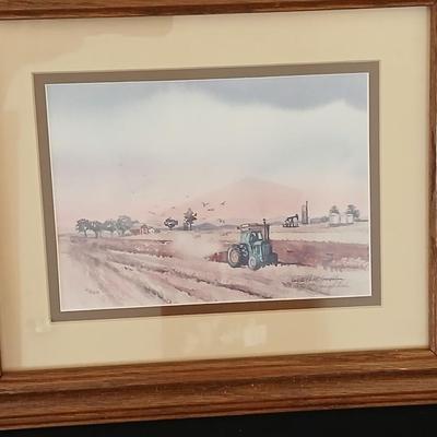 John Deere - Framed signed & numbered tractor scene by Colette McLaughlin 6/460 with John Deere cap and a deck of John deere playing...