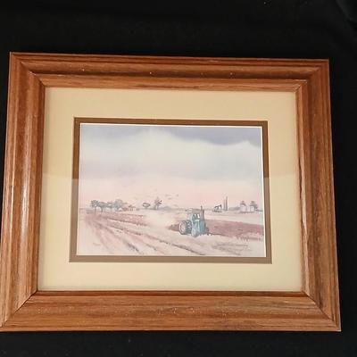 John Deere - Framed signed & numbered tractor scene by Colette McLaughlin 6/460 with John Deere cap and a deck of John deere playing...