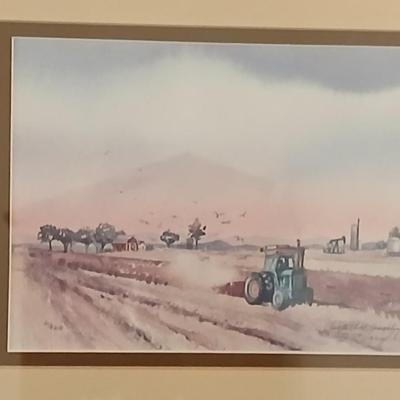 John Deere - Framed signed & numbered tractor scene by Colette McLaughlin 6/460 with John Deere cap and a deck of John deere playing...