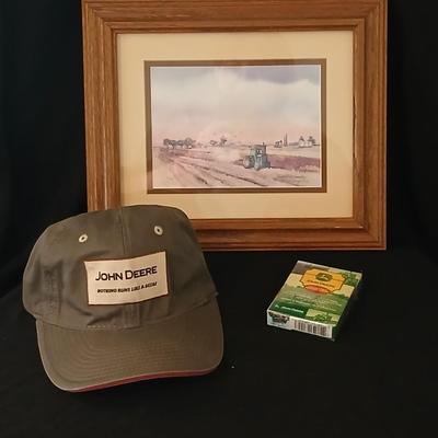 John Deere - Framed signed & numbered tractor scene by Colette McLaughlin 6/460 with John Deere cap and a deck of John deere playing...