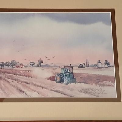 John Deere - Framed signed & numbered tractor scene by Colette McLaughlin 6/460 with John Deere cap and a deck of John deere playing...