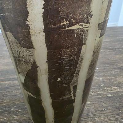 Sale Photo Thumbnail #178: Stunning handmade blown glass art vase in metallics (silver leaf) and browns by Adam Aaronson from his studio in London. This is a timeless glass art piece. It measures 12" tall and is rather heavy. The wall art you may see in the background is NOT includ