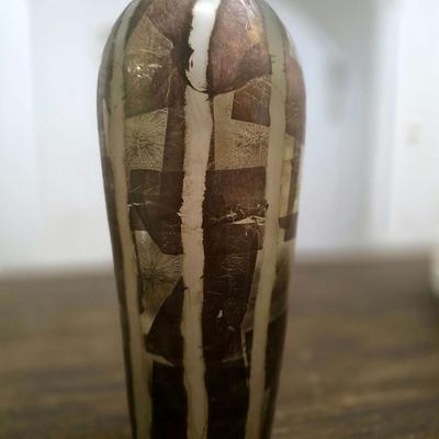 Sale Photo Thumbnail #175: Stunning handmade blown glass art vase in metallics (silver leaf) and browns by Adam Aaronson from his studio in London. This is a timeless glass art piece. It measures 12" tall and is rather heavy. The wall art you may see in the background is NOT includ