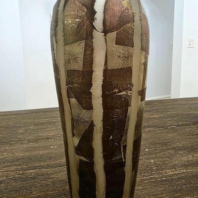 Sale Photo Thumbnail #176: Stunning handmade blown glass art vase in metallics (silver leaf) and browns by Adam Aaronson from his studio in London. This is a timeless glass art piece. It measures 12" tall and is rather heavy. The wall art you may see in the background is NOT includ