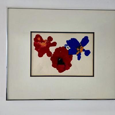 Sale Photo Thumbnail #188: Vivid contemporary floral art #1 unsigned, framed and matted. My understanding is that this piece was made by and for a children's medical charity fundraiser event. The frame measures 23"L x 19"H.