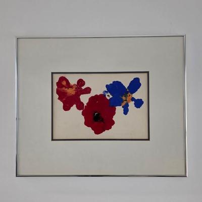 Sale Photo Thumbnail #189: Vivid contemporary floral art #1 unsigned, framed and matted. My understanding is that this piece was made by and for a children's medical charity fundraiser event. The frame measures 23"L x 19"H.