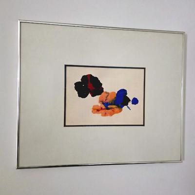 Sale Photo Thumbnail #193: Vivid contemporary floral art #2 unsigned, framed and matted. My understanding is that this piece was made by and for a children's medical charity fundraiser event. The frame measures 23"L x 19"H.