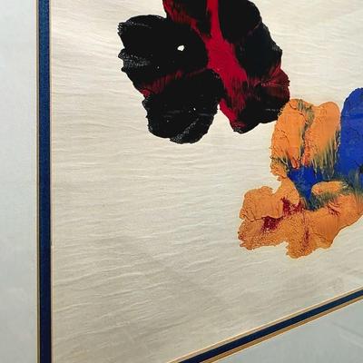 Sale Photo Thumbnail #194: Vivid contemporary floral art #2 unsigned, framed and matted. My understanding is that this piece was made by and for a children's medical charity fundraiser event. The frame measures 23"L x 19"H.