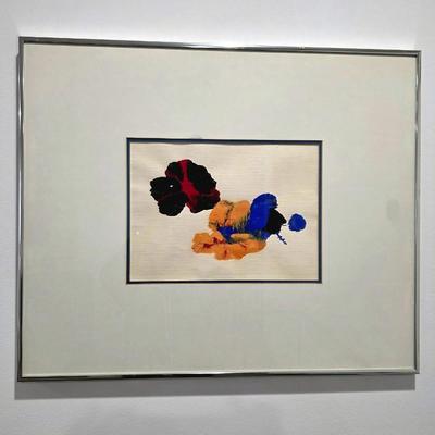 Sale Photo Thumbnail #191: Vivid contemporary floral art #2 unsigned, framed and matted. My understanding is that this piece was made by and for a children's medical charity fundraiser event. The frame measures 23"L x 19"H.