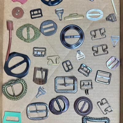 Sale Photo Thumbnail #364: Includes vintage belt buckles, pins, bracelets, a trinket box, and more. Total of 100+ pieces. Some pieces have age related wear. [RM]