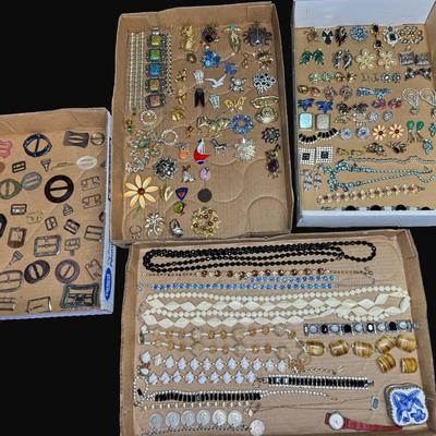 Sale Photo Thumbnail #363: Includes vintage belt buckles, pins, bracelets, a trinket box, and more. Total of 100+ pieces. Some pieces have age related wear. [RM]