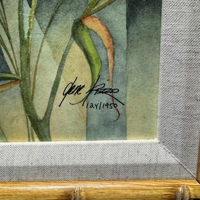 Sale Photo Thumbnail #372: This depicts an egret, and has a bamboo inspired frame. It is numbered 124/1950. Measurement: 31” x 23”. [AG]