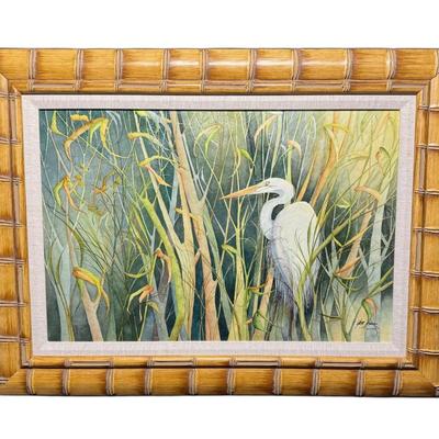 Sale Photo Thumbnail #371: This depicts an egret, and has a bamboo inspired frame. It is numbered 124/1950. Measurement: 31” x 23”. [AG]
