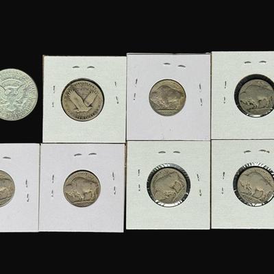 Sale Photo Thumbnail #404: **WIRE TRANSFER IS REQUIRED IF SHIPPED.** Includes a 1968-D Kennedy half dollar (40% silver); a 1925 Walking Liberty half dollar (90% silver); and six buffalo nickels. Total of eight pieces. **ALL PRECIOUS METALS SALES ARE FINAL. NO REFUNDS WILL BE GIVEN 