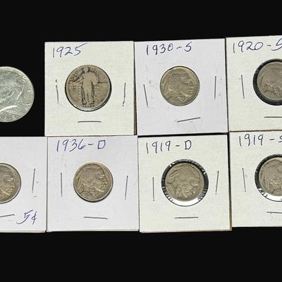 Sale Photo Thumbnail #403: **WIRE TRANSFER IS REQUIRED IF SHIPPED.** Includes a 1968-D Kennedy half dollar (40% silver); a 1925 Walking Liberty half dollar (90% silver); and six buffalo nickels. Total of eight pieces. **ALL PRECIOUS METALS SALES ARE FINAL. NO REFUNDS WILL BE GIVEN 