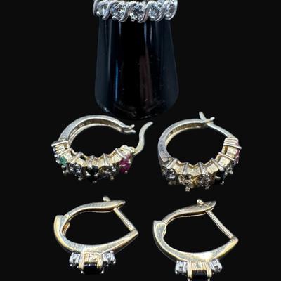 Sale Photo Thumbnail #431: **WIRE TRANSFER IS REQUIRED IF SHIPPED.** [10.82g] Includes two pairs of earrings with semi-precious stones, and a ring with cubic zircon stones. **ALL PRECIOUS METALS SALES ARE FINAL. NO REFUNDS WILL BE GIVEN FOR ANY REASON.** [KB]