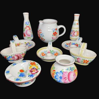 Sale Photo Thumbnail #455: Hand painted. Some pieces have “Chodovia” paper labels. Includes baskets, candle holders, bud vases, pitcher, and more. Total of ten pieces. Measurement of largest: 5”H. [RE]