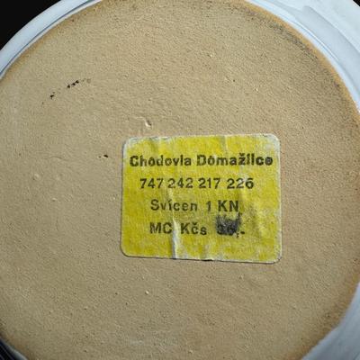 Sale Photo Thumbnail #459: Hand painted. Some pieces have “Chodovia” paper labels. Includes baskets, candle holders, bud vases, pitcher, and more. Total of ten pieces. Measurement of largest: 5”H. [RE]